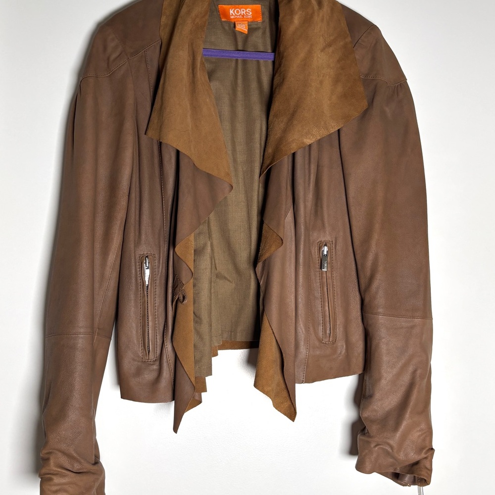 Vintage Michael Kors Brown Leather Jacket | Suede Collar Waterfall Moto Style |